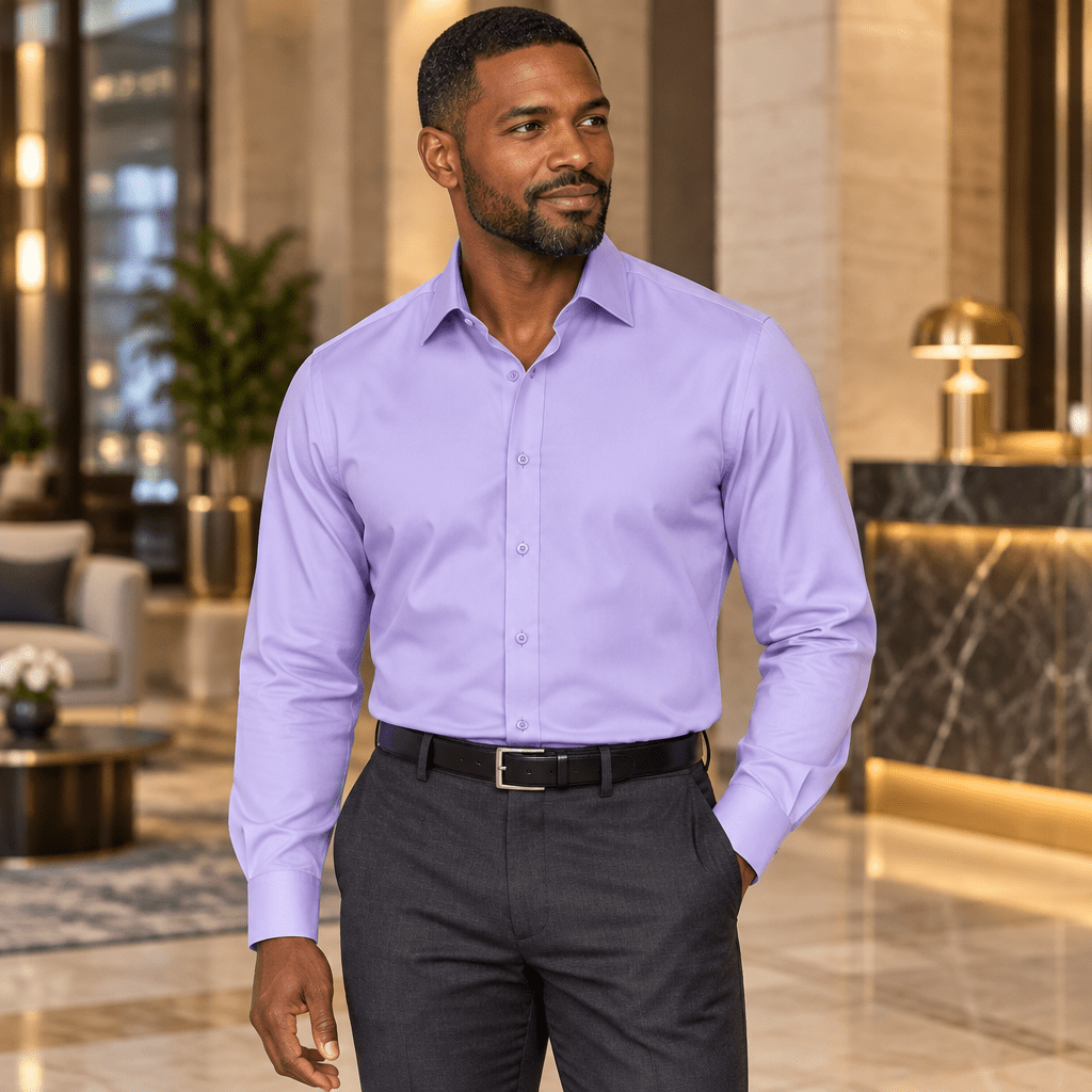 Men's Basic Dress Shirt with Convertible Cuff -Color Lilac - Upscale Men's Fashion