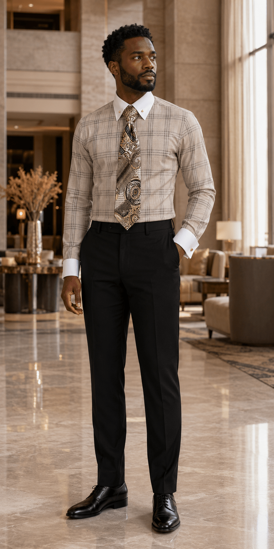 Men's Beige Glen Plaid French Cuff Dress Shirt Set - Upscale Men's Fashion