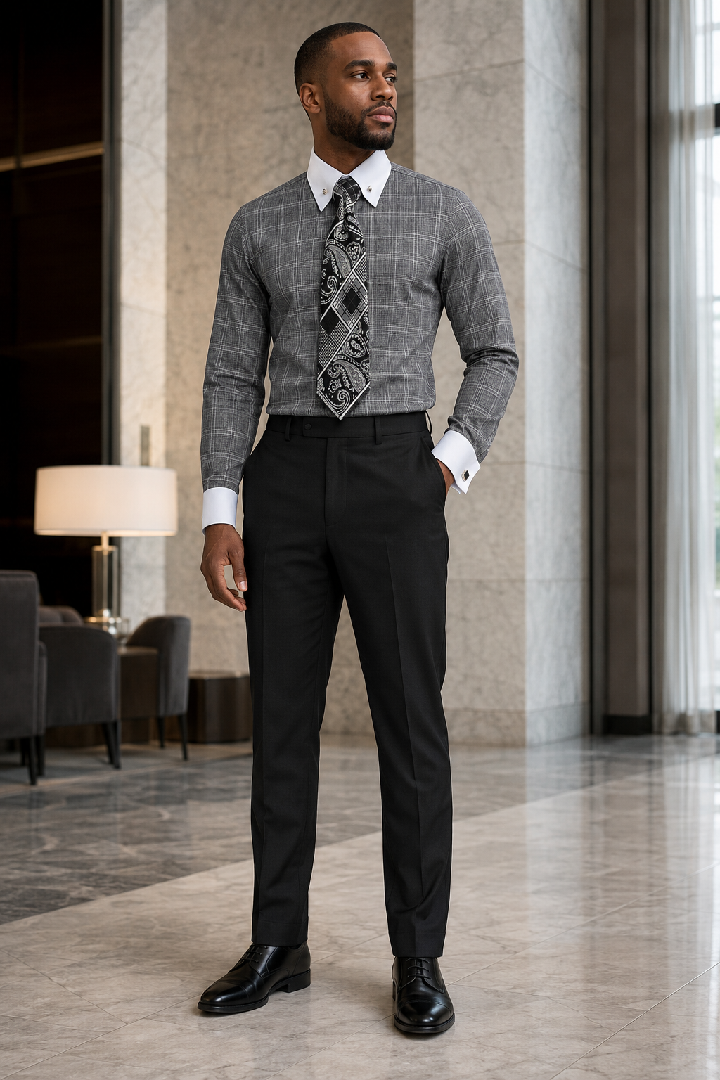 Man wearing men's Black Glen plaid French cuff dress shirt set