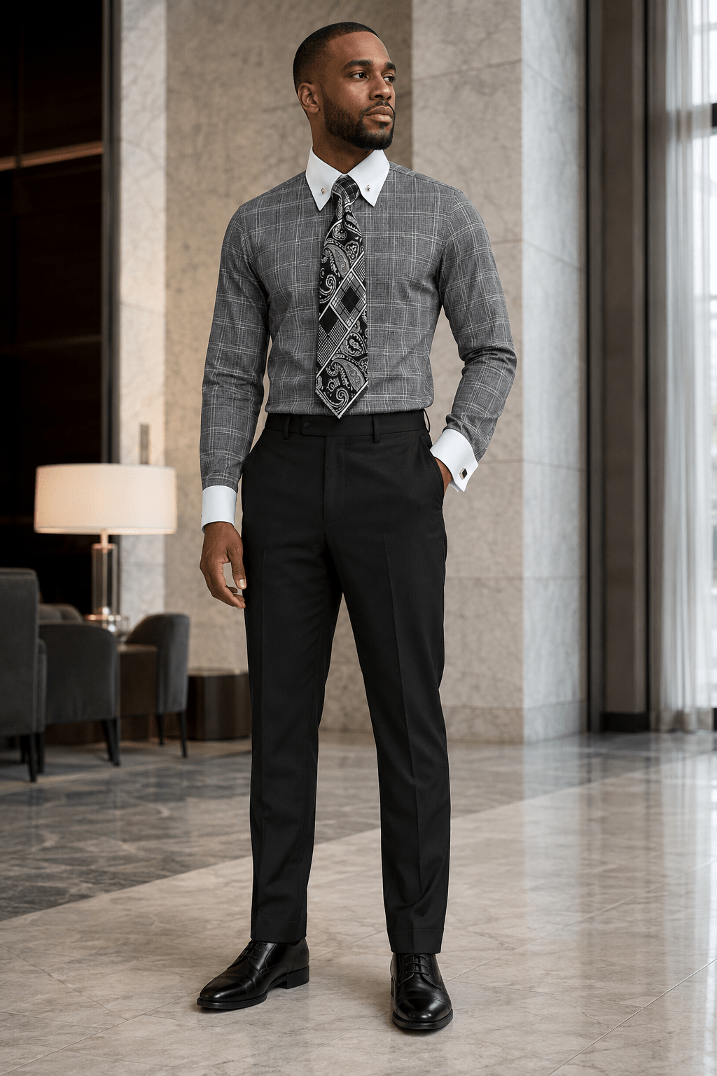 Men's Black Glen Plaid French Cuff Dress Shirt Set - Upscale Men's Fashion