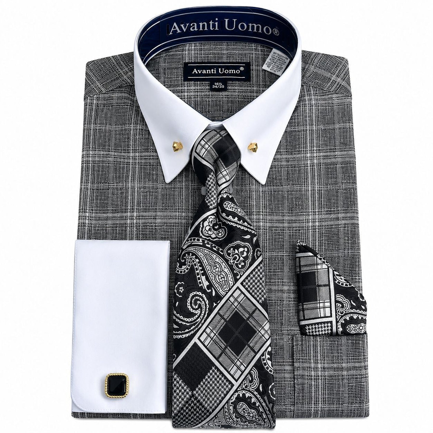 Men's Black Glen Plaid French Cuff Dress Shirt Set