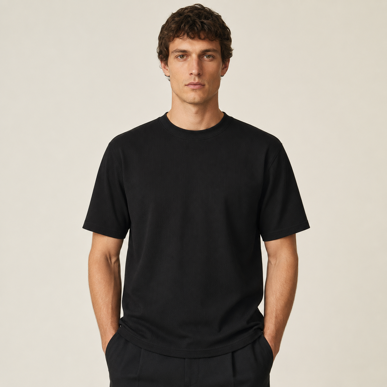 Men's black ribbed regular fit crew neck T-shirt front studio view