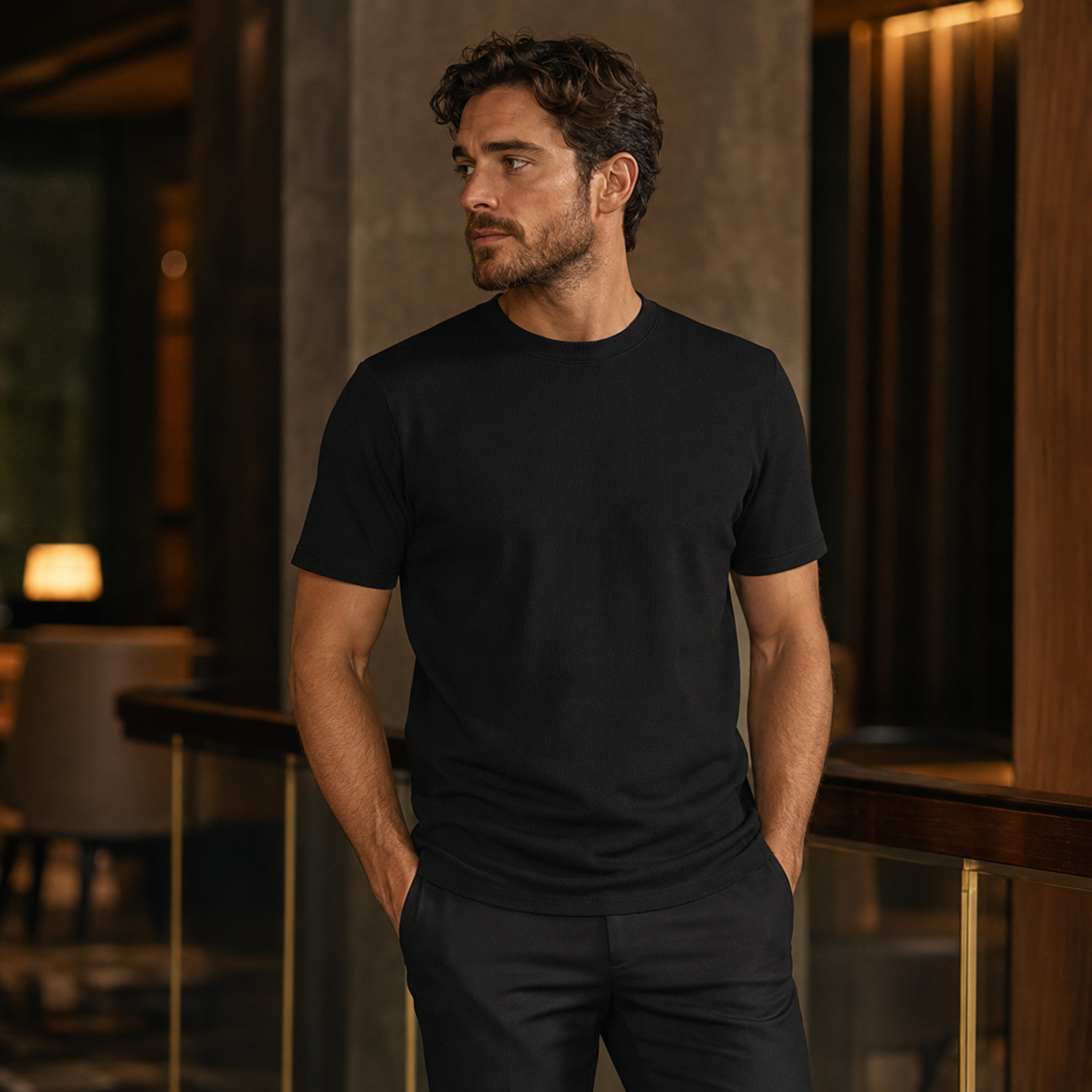 Men's black ribbed regular fit crew neck T-shirt indoor lifestyle