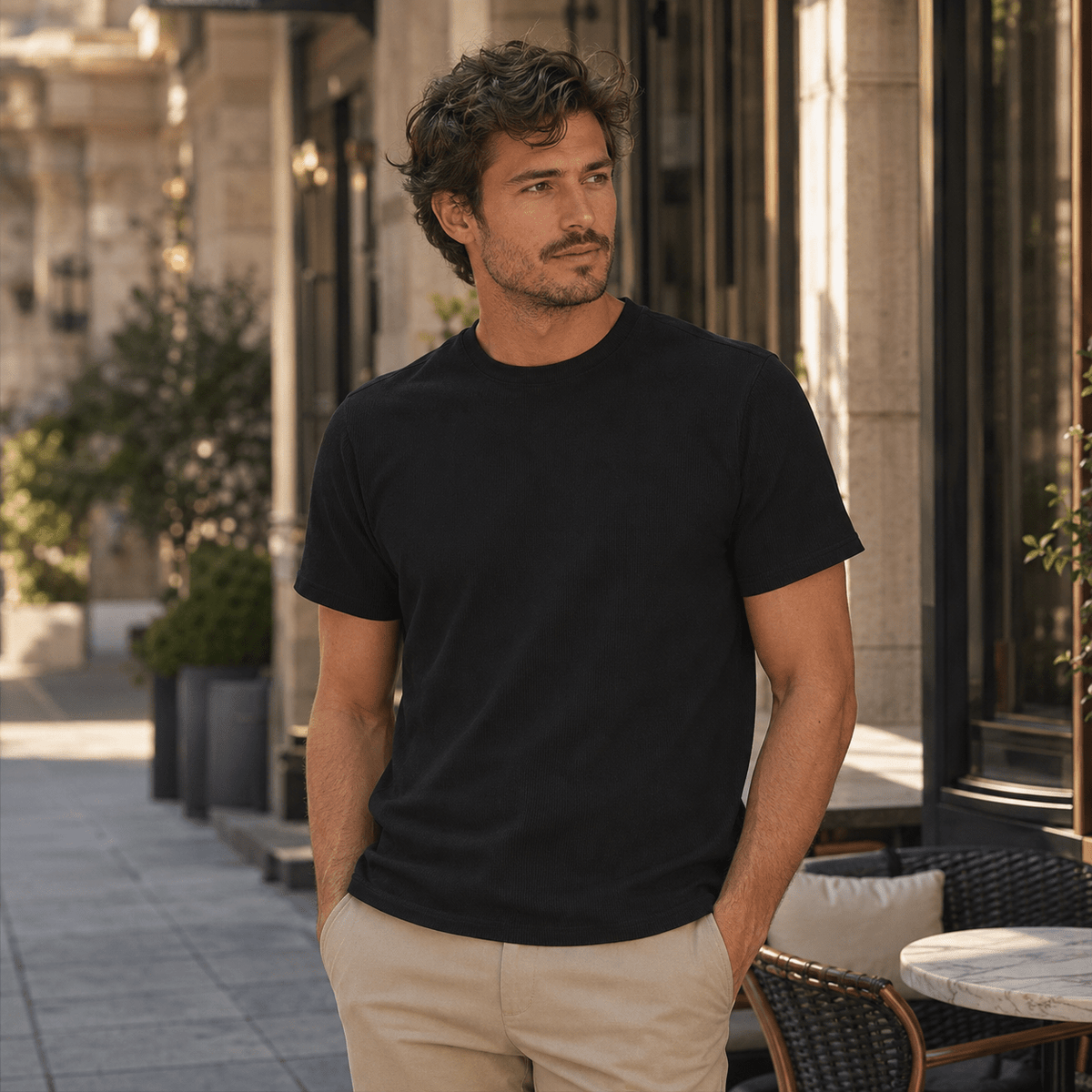 Black Ribbed Regular Fit Crew Neck T-Shirt - Upscale Men's Fashion