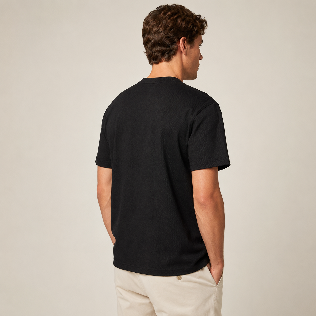 Men's black ribbed regular fit crew neck T-shirt rear view