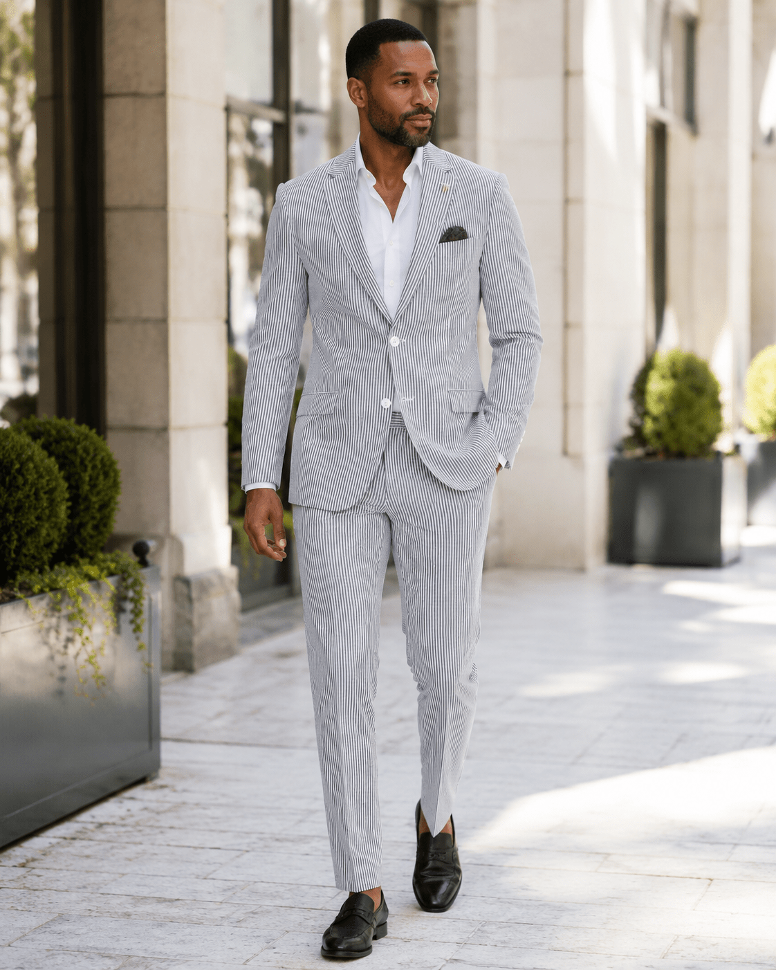 MEN'S 2PC SUMMER SEERSUCKER SLIM FIT SUIT IN BLACK PINSTRIPE - Upscale Men's Fashion