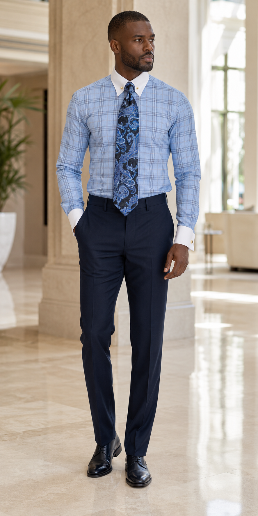 Man wearing men's Blue Glen plaid French cuff dress shirt set