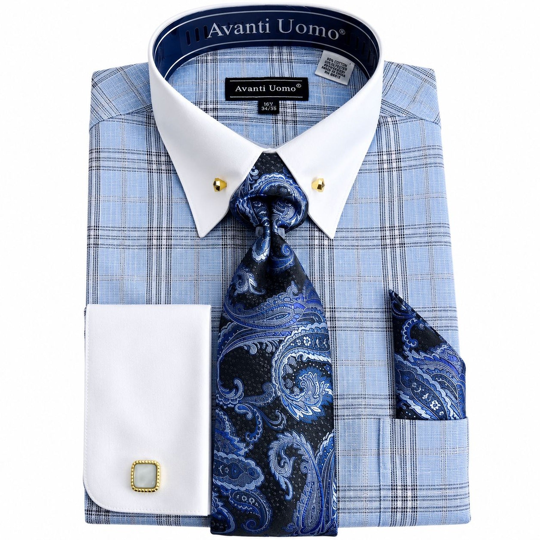 Men's Blue Glen Plaid French Cuff Dress Shirt Set