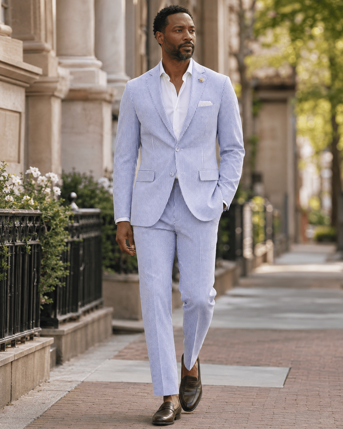 MEN'S 2PC SUMMER SEERSUCKER SLIM FIT SUIT IN BLUE PINSTRIPE - Upscale Men's Fashion