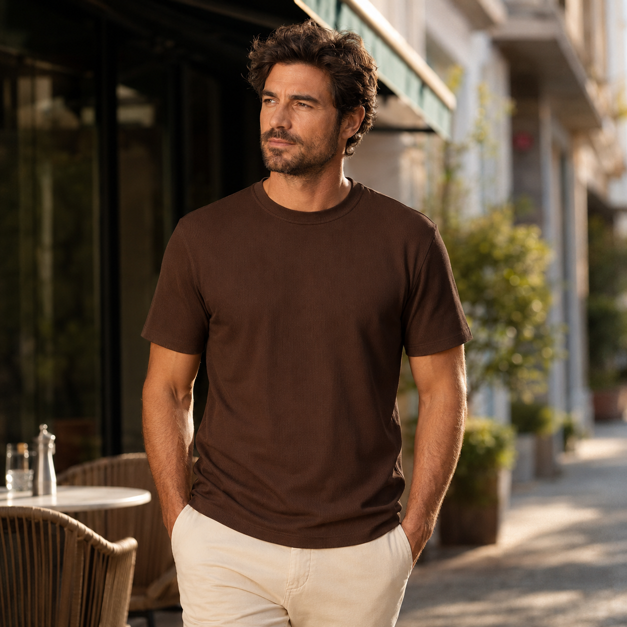 Men's brown ribbed regular fit crew neck T-shirt outdoor lifestyle