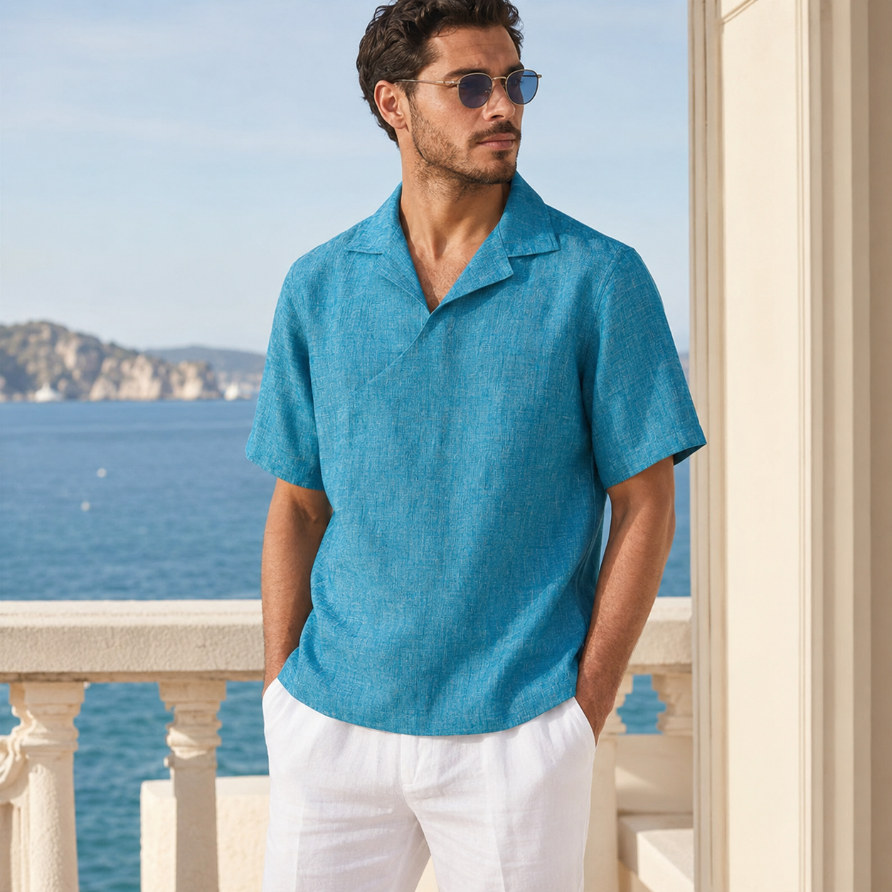 Man wearing a Caspian blue short sleeve linen pull-over shirt at a seaside resort