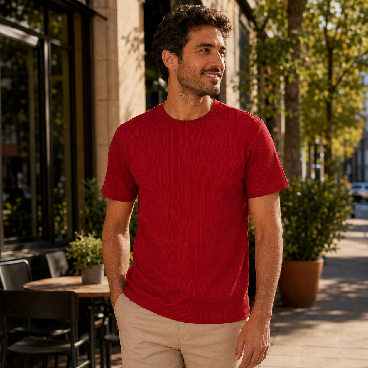 Men's chili pepper ribbed regular fit crew neck T-shirt outdoor lifestyle