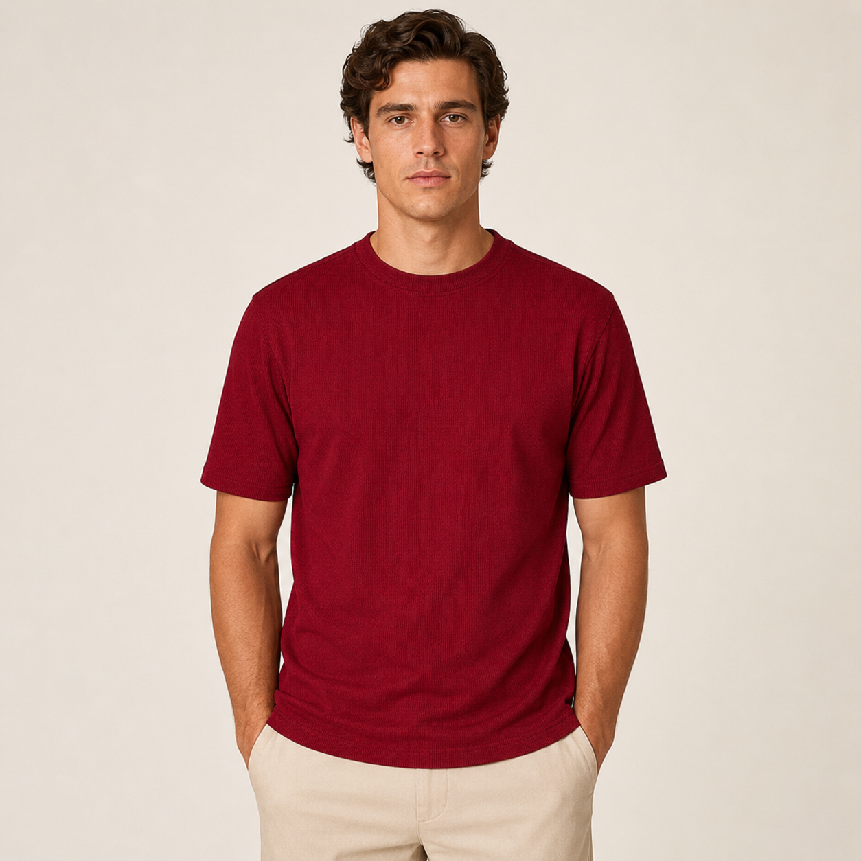Men's deep cherry ribbed regular fit crew neck T-shirt front studio view