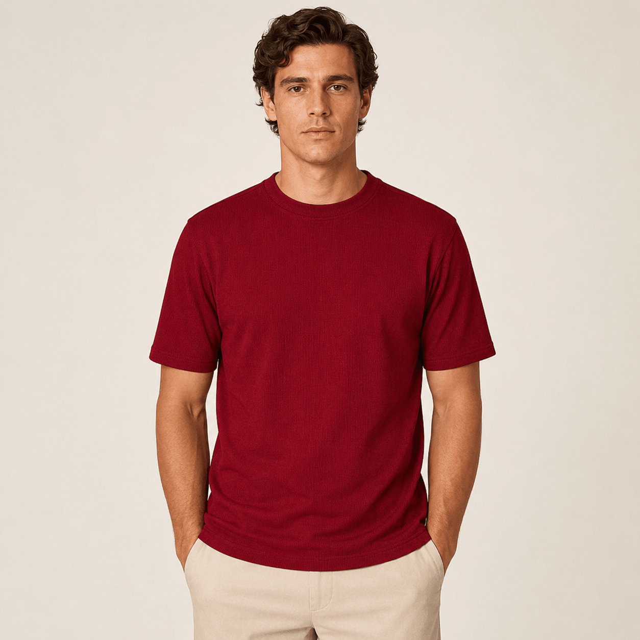 Deep Cherry Ribbed Regular Fit Crew Neck T-Shirt - Upscale Men's Fashion