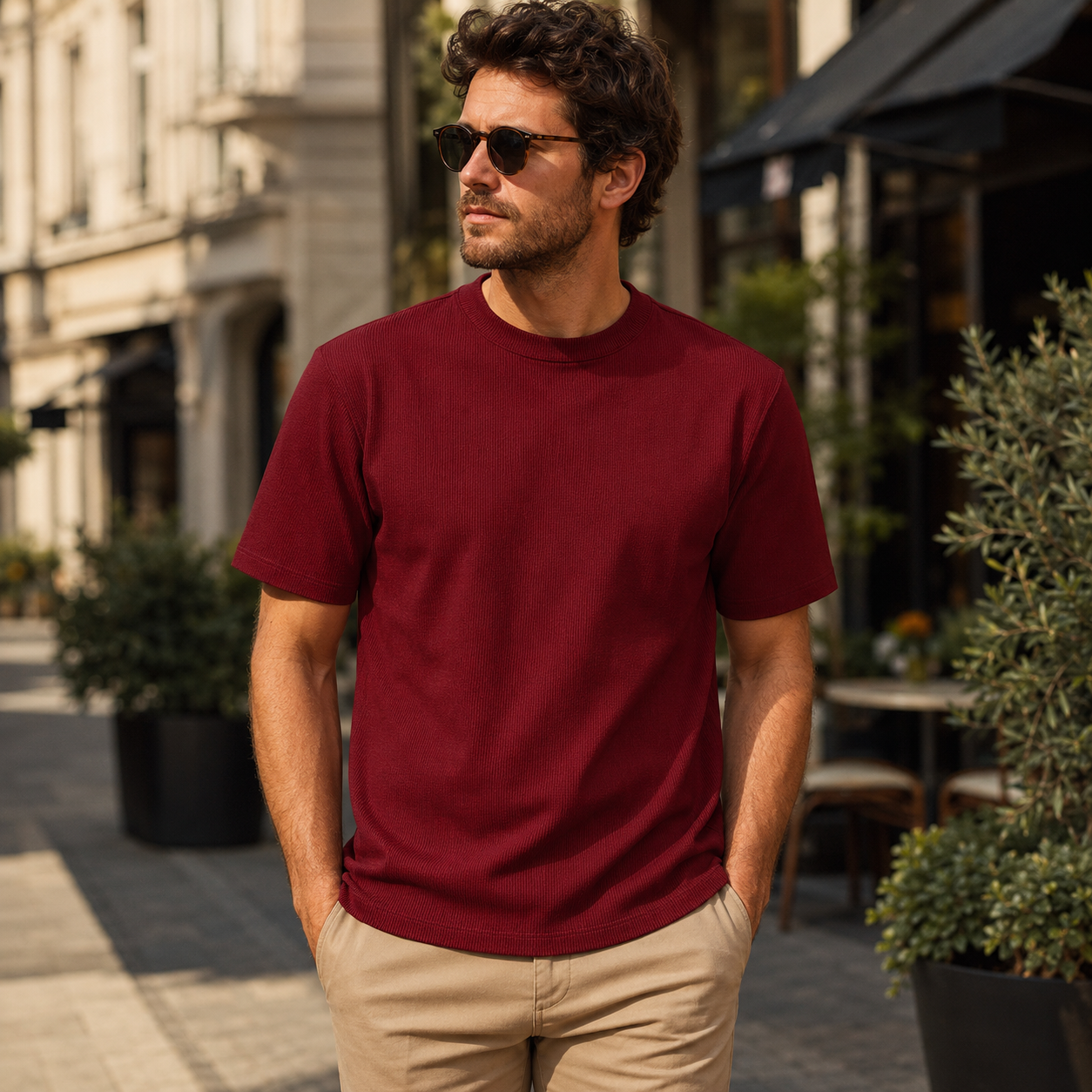 Men's deep cherry ribbed regular fit crew neck T-shirt outdoor lifestyle