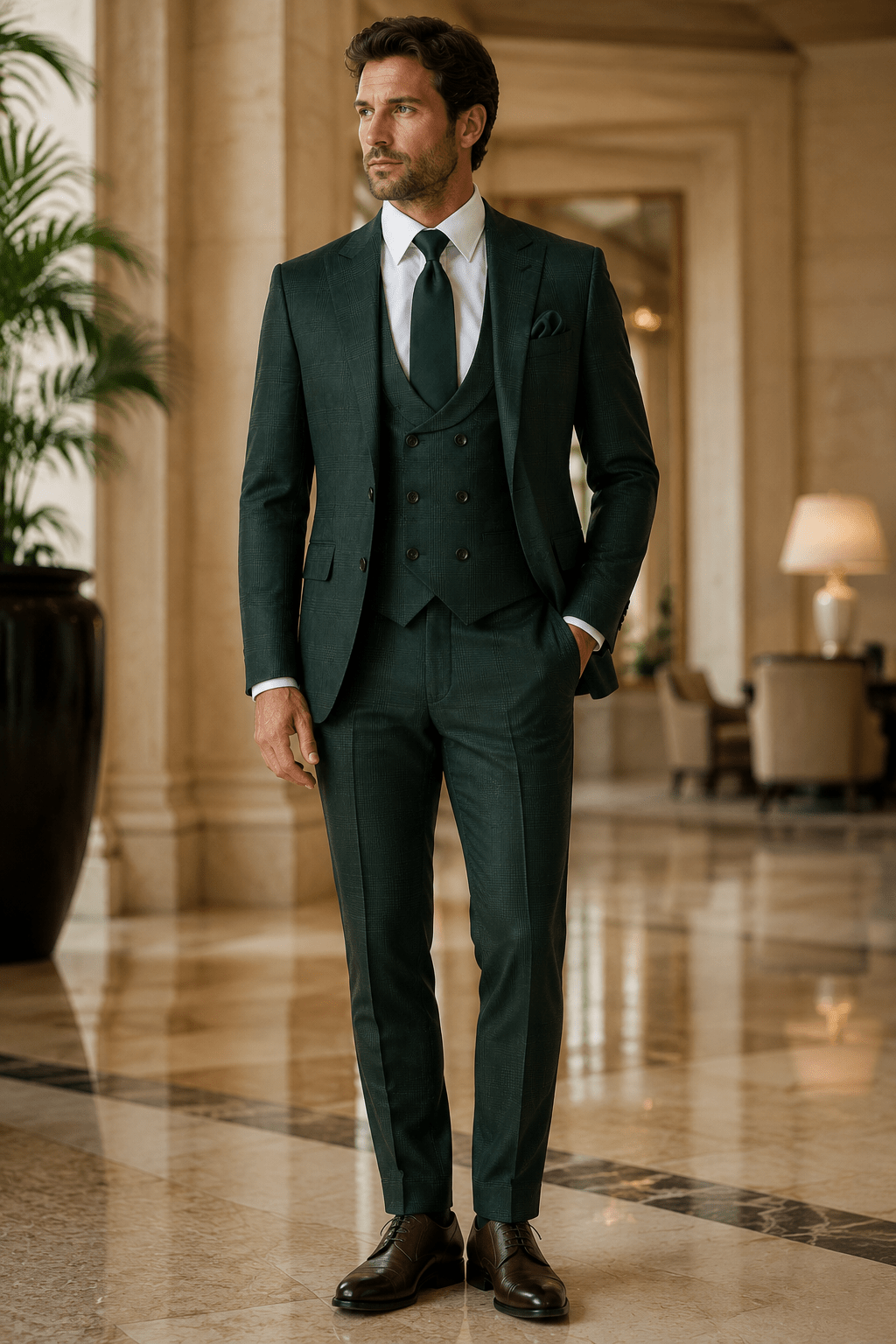 Men's Green Glen Plaid Slim Fit Stretch 3-Piece Suit - Upscale Men's Fashion