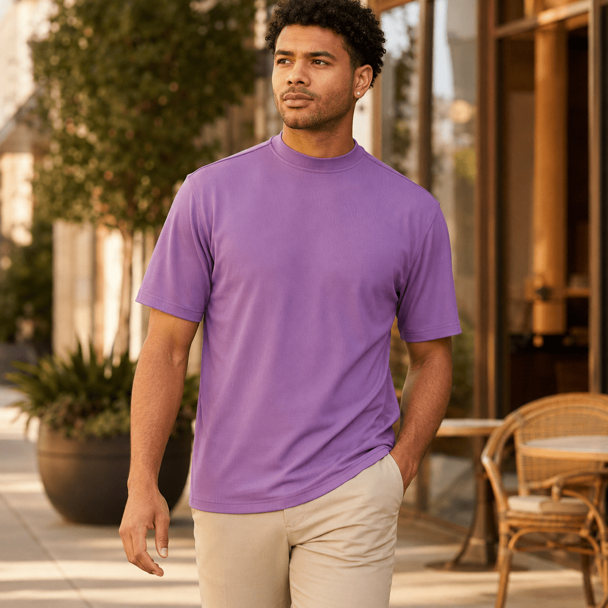 Lavender Ribbed Regular Fit Crew Neck T-Shirt - Upscale Men's Fashion