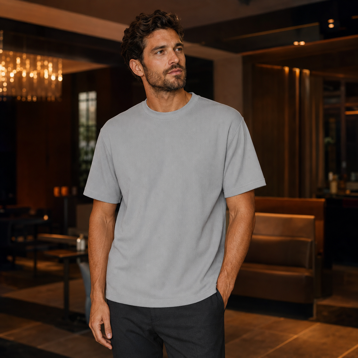 Men's light gray ribbed regular fit crew neck T-shirt indoor lifestyle
