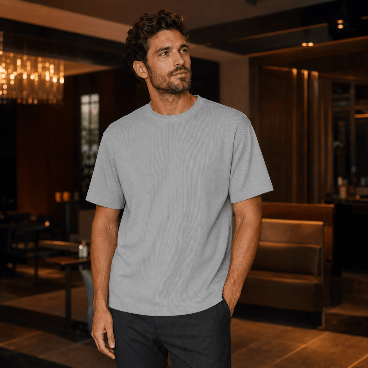 Light Gray Ribbed Regular Fit Crew Neck T-Shirt - Upscale Men's Fashion
