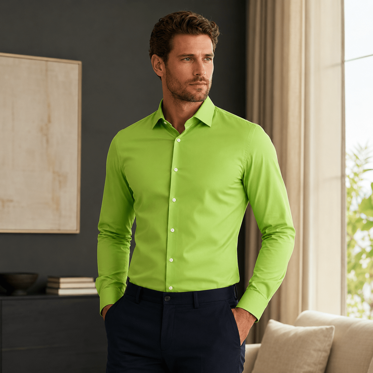 Men's Slim Fit Dress Shirt Color Lime - Upscale Men's Fashion