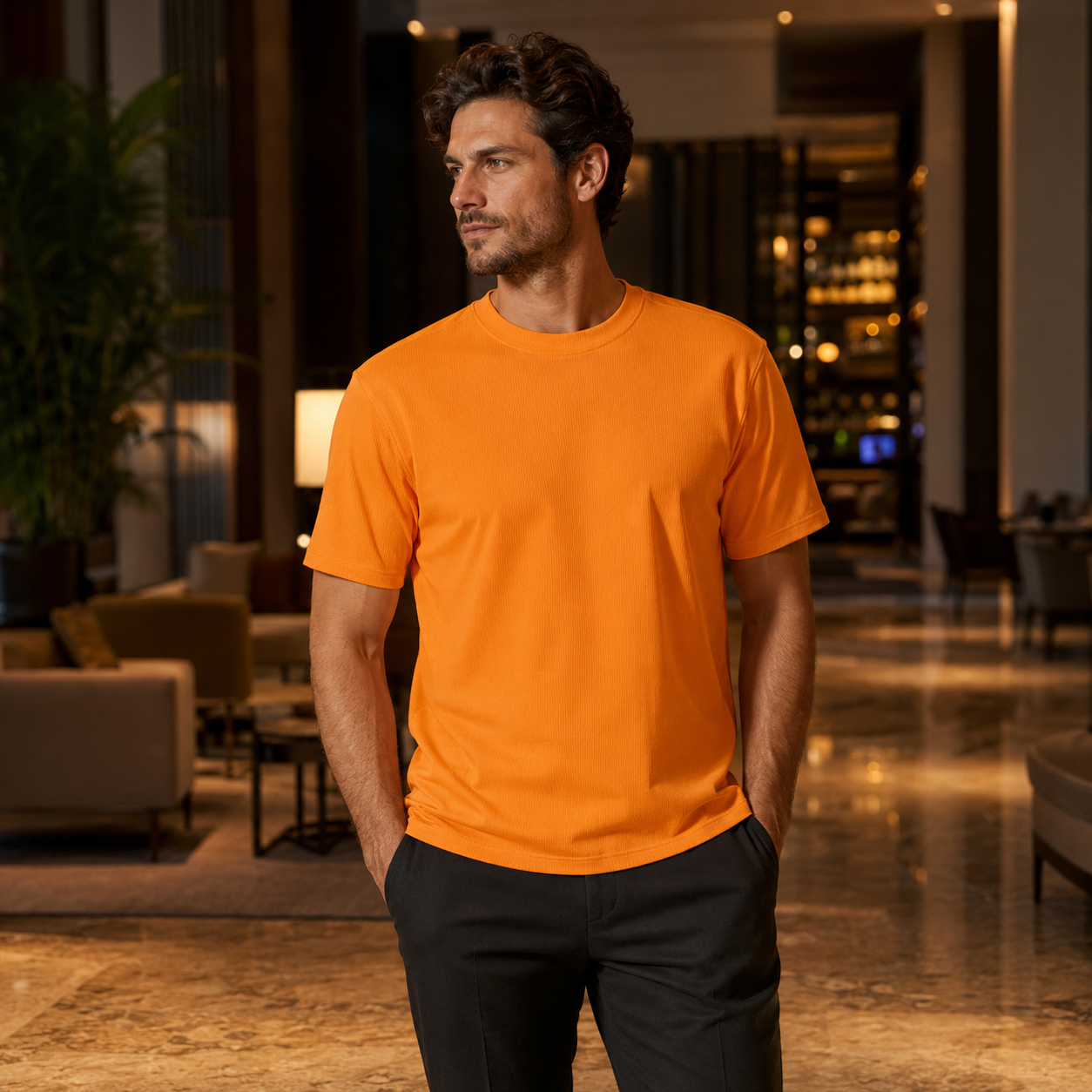 Men's melon ribbed regular fit crew neck T-shirt indoor lifestyle