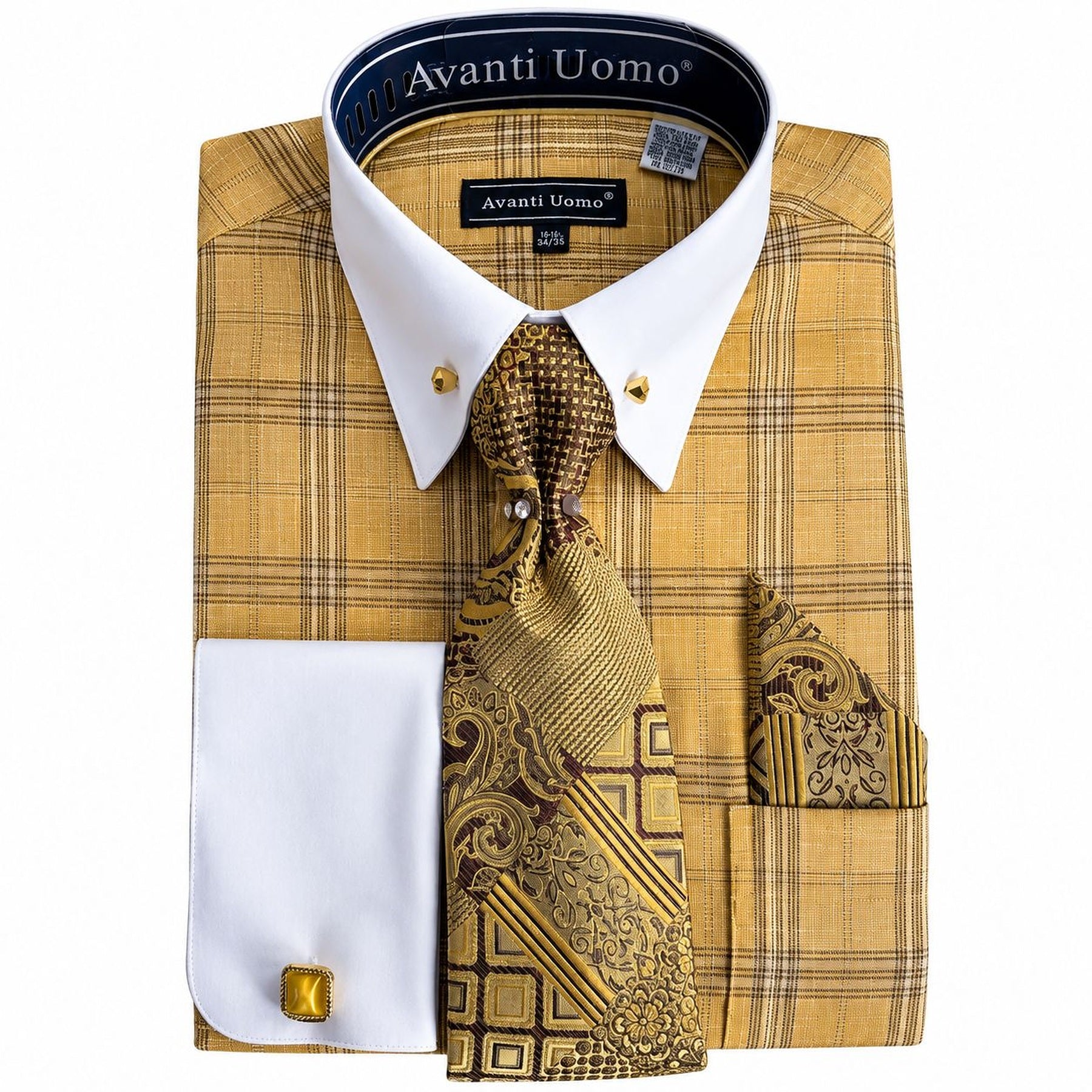 Men's Mustard Glen Plaid French Cuff Dress Shirt Set