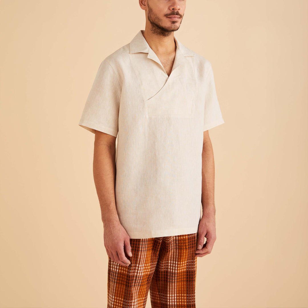 Men's Oatmeal Short Sleeve Linen Pull-Over Shirt - Upscale Men's Fashion