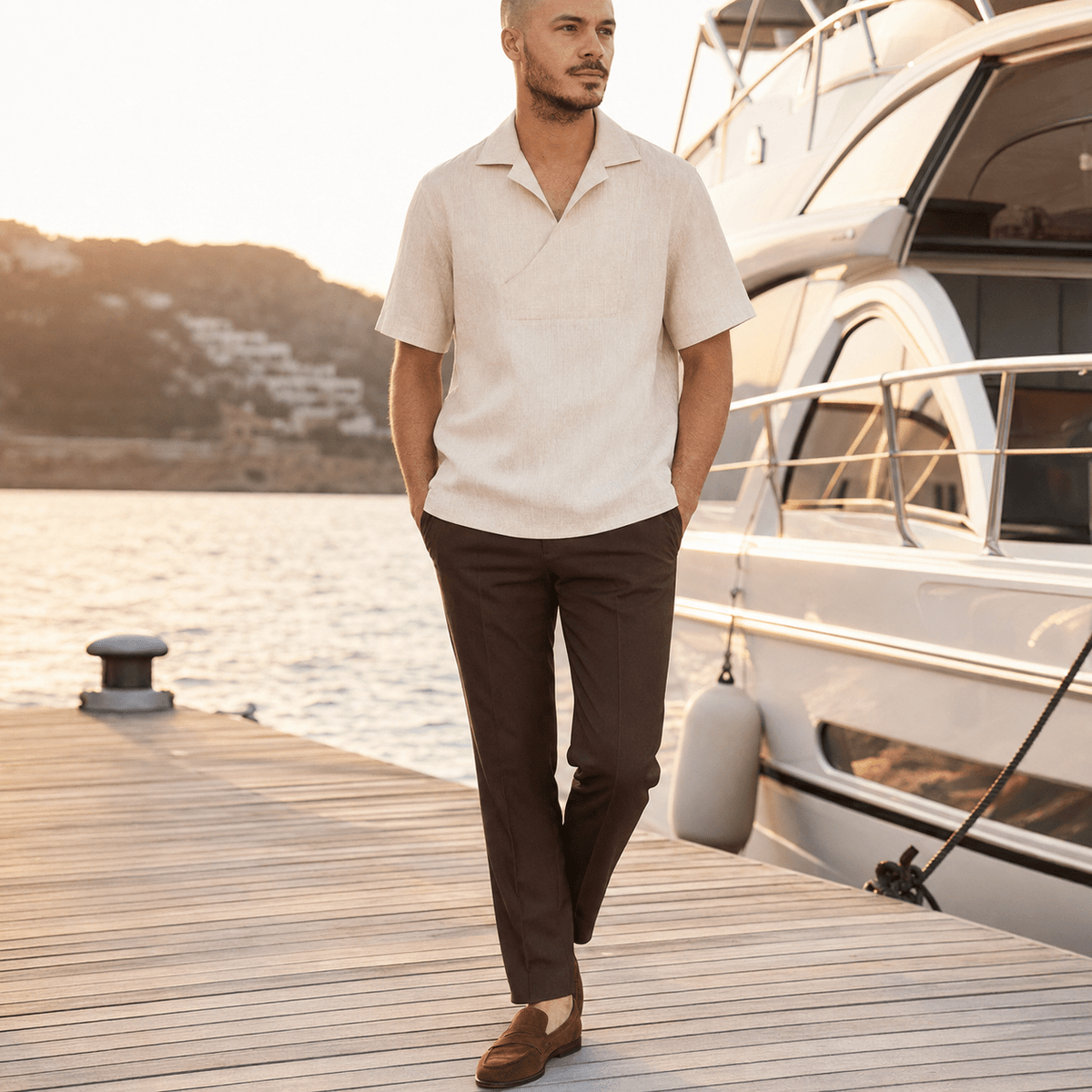 Men's Oatmeal Short Sleeve Linen Pull-Over Shirt - Upscale Men's Fashion