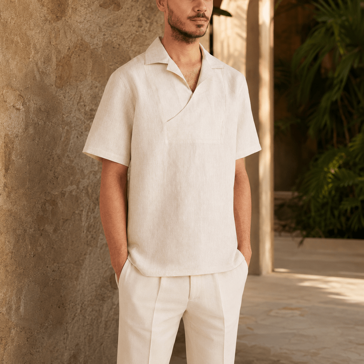 Men's Oatmeal Short Sleeve Linen Pull-Over Shirt - Upscale Men's Fashion