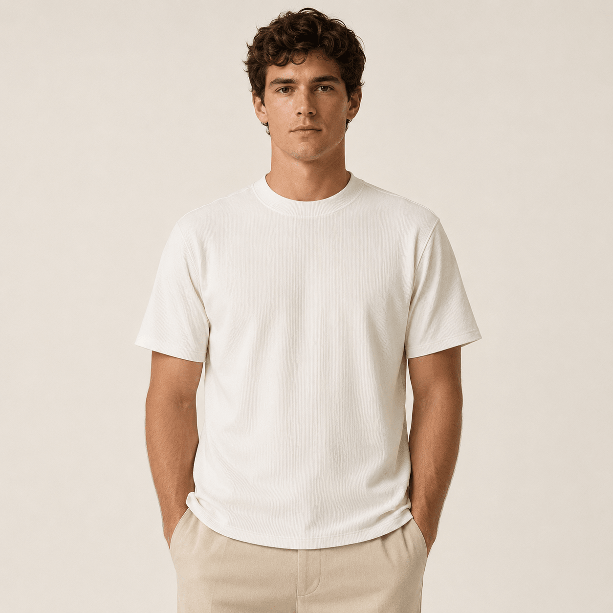 Off White Ribbed Regular Fit Crew Neck T-Shirt - Upscale Men's Fashion