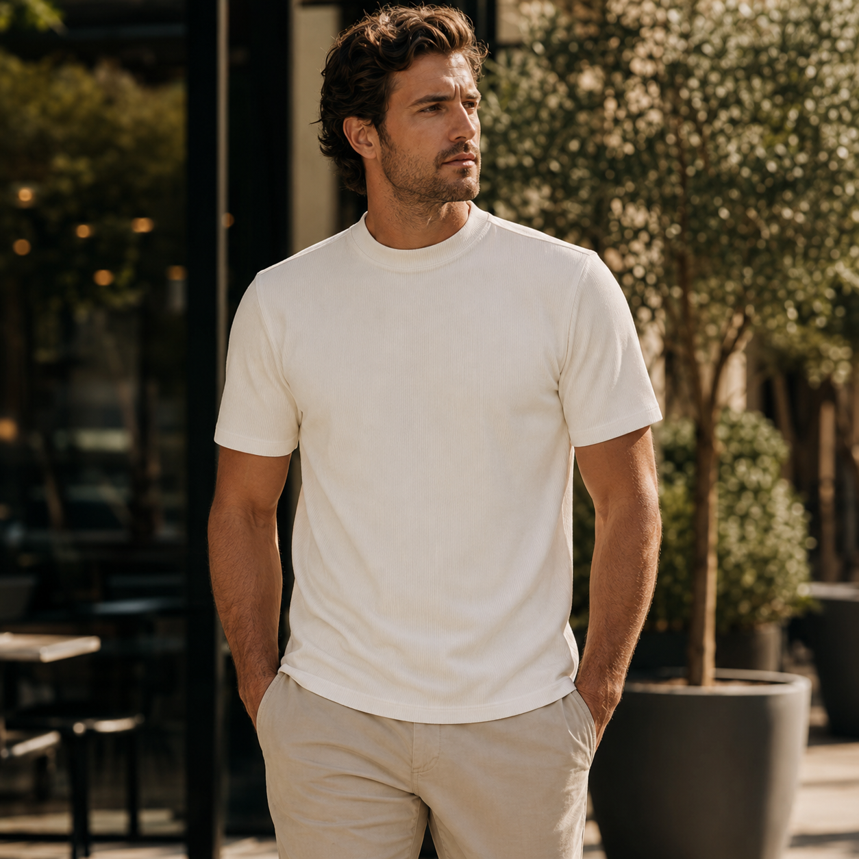 Men's off white ribbed regular fit crew neck T-shirt outdoor lifestyle