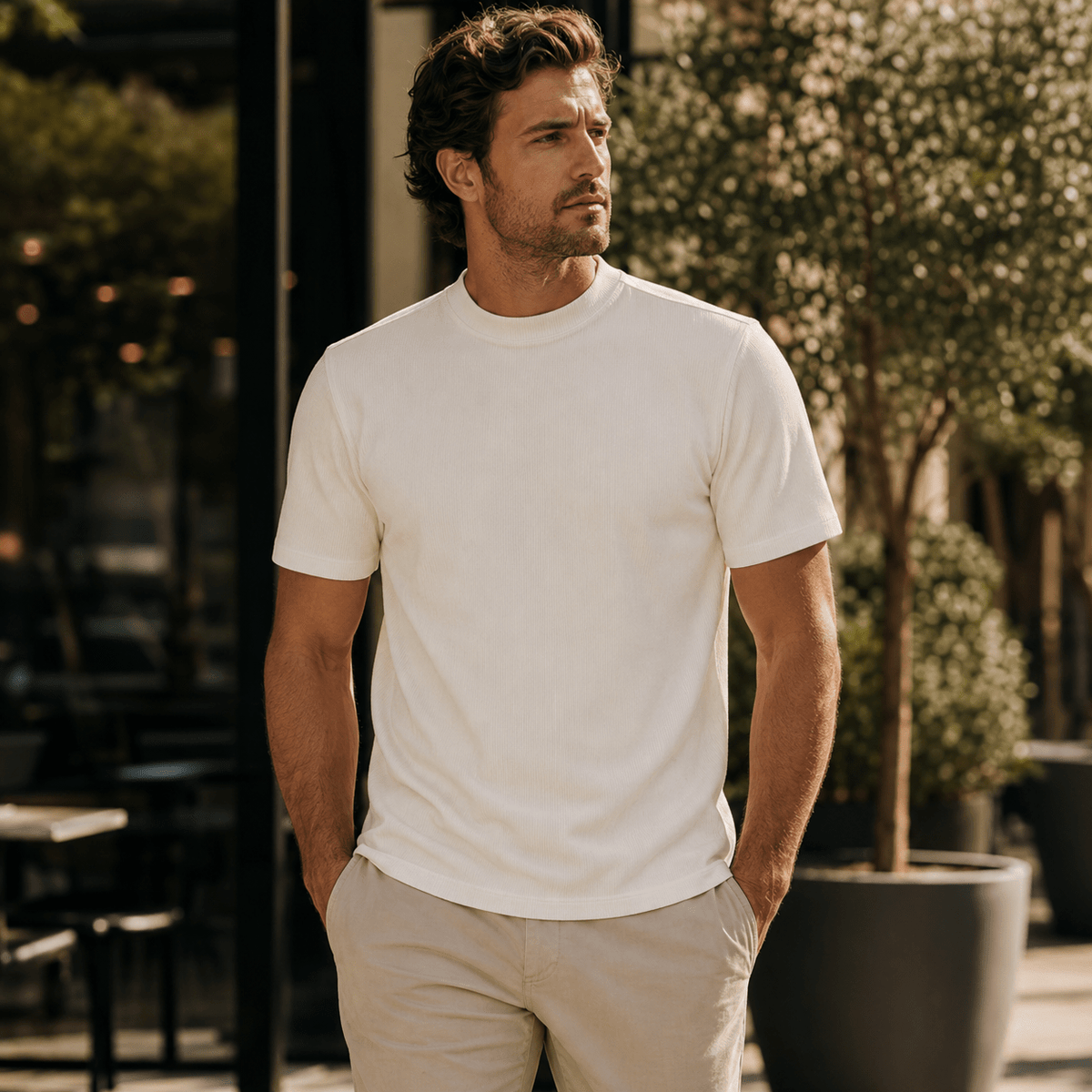 Off White Ribbed Regular Fit Crew Neck T-Shirt - Upscale Men's Fashion
