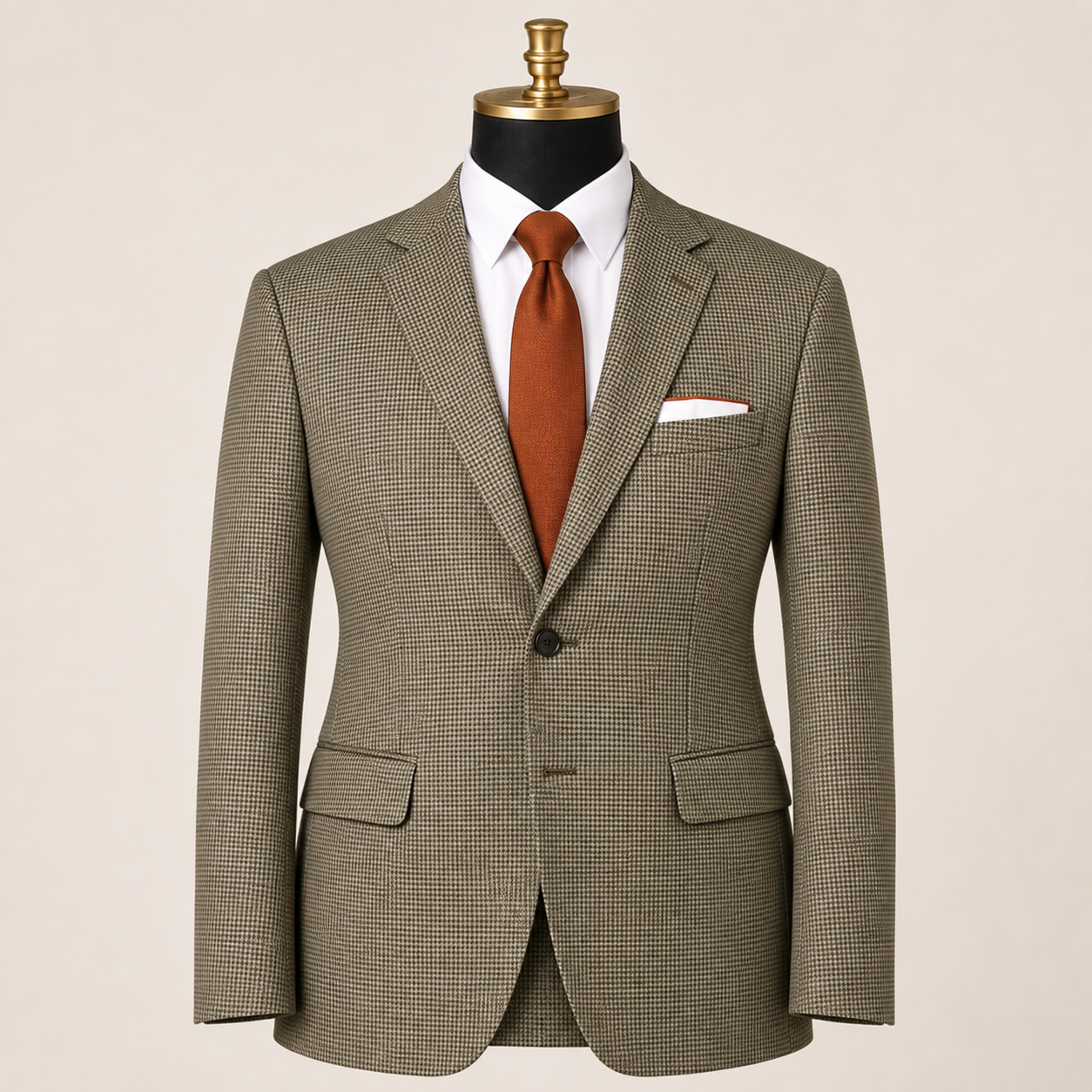 Men's olive houndstooth modern fit blazer on gold-top mannequin