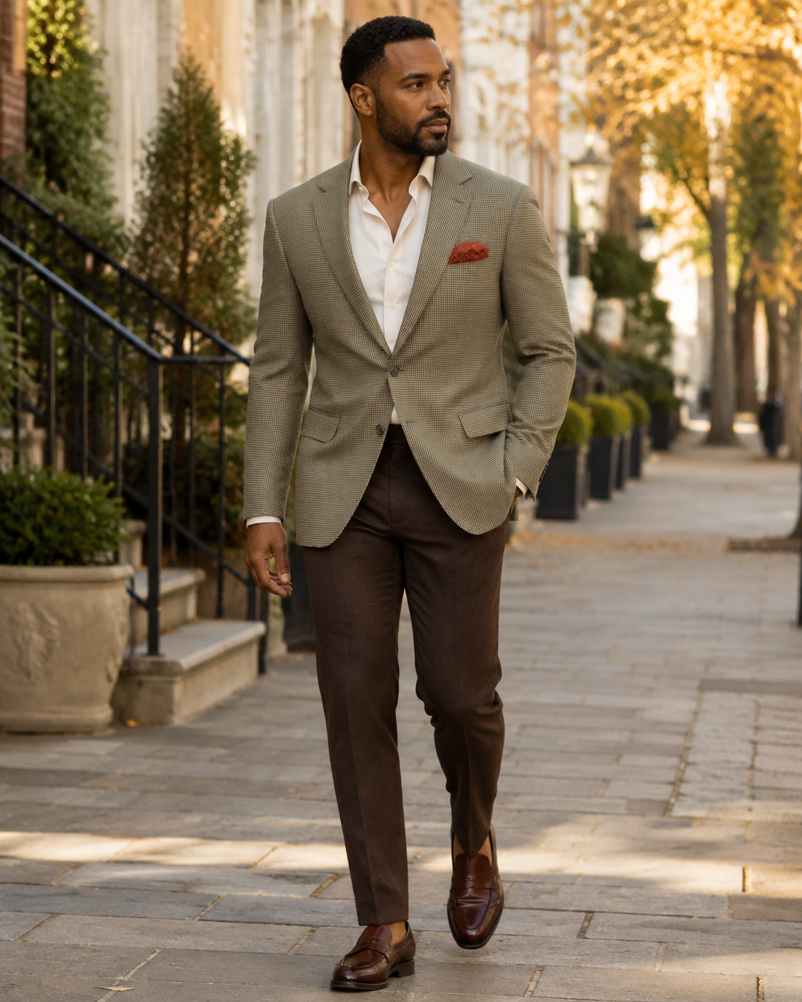 Man styling olive houndstooth blazer smart casual