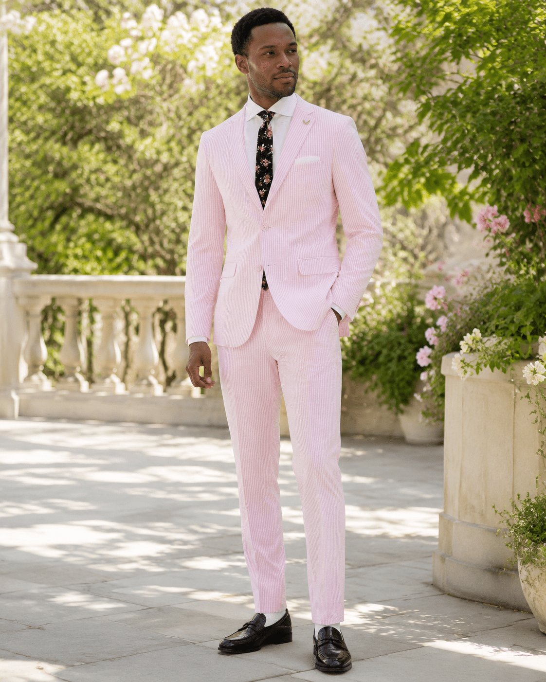 MEN'S 2PC SUMMER SEERSUCKER SLIM FIT SUIT IN PINK PINSTRIPE - Upscale Men's Fashion