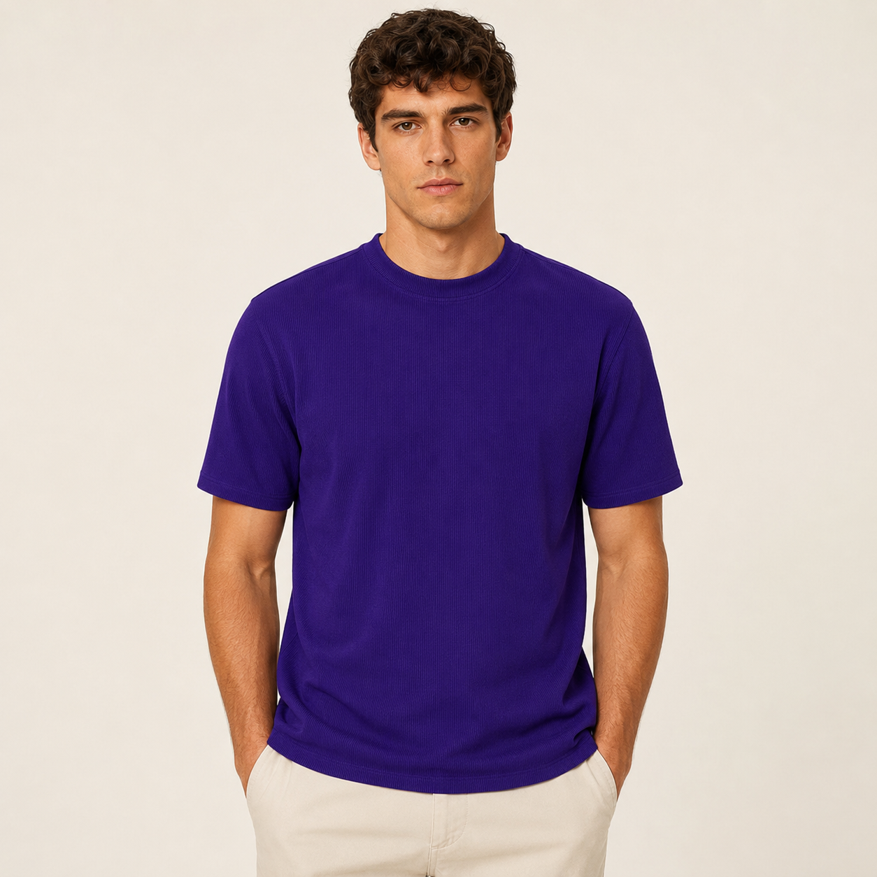 Men's purple ribbed regular fit crew neck T-shirt front studio view