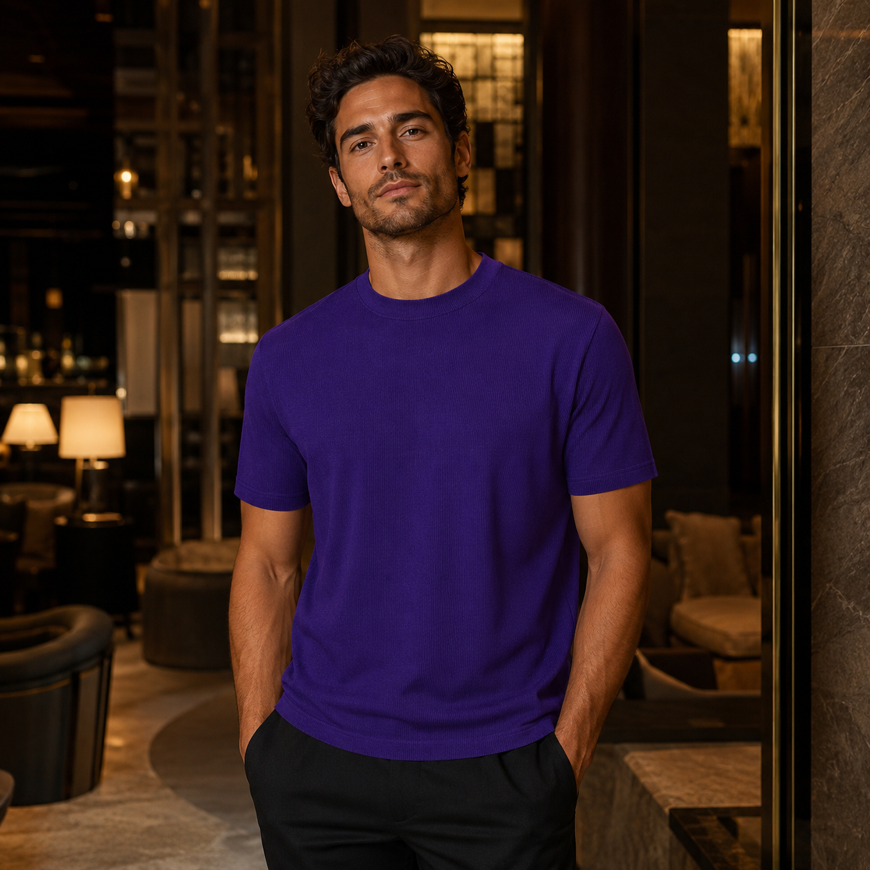 Men's purple ribbed regular fit crew neck T-shirt indoor lifestyle