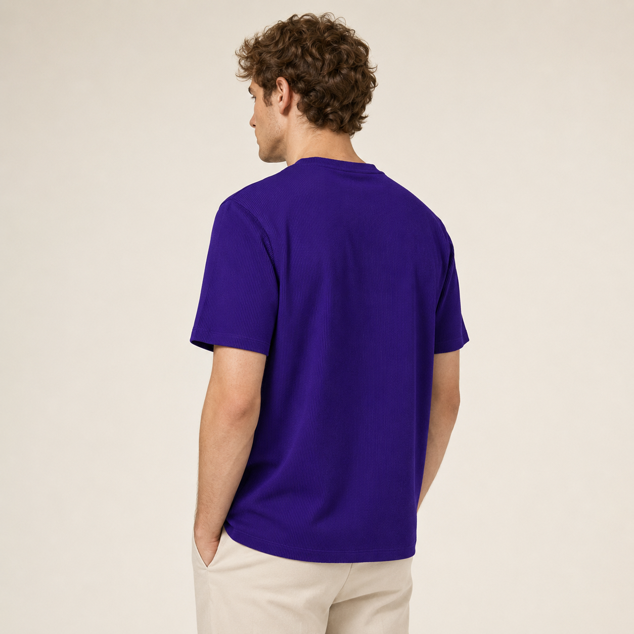 Men's purple ribbed regular fit crew neck T-shirt rear view