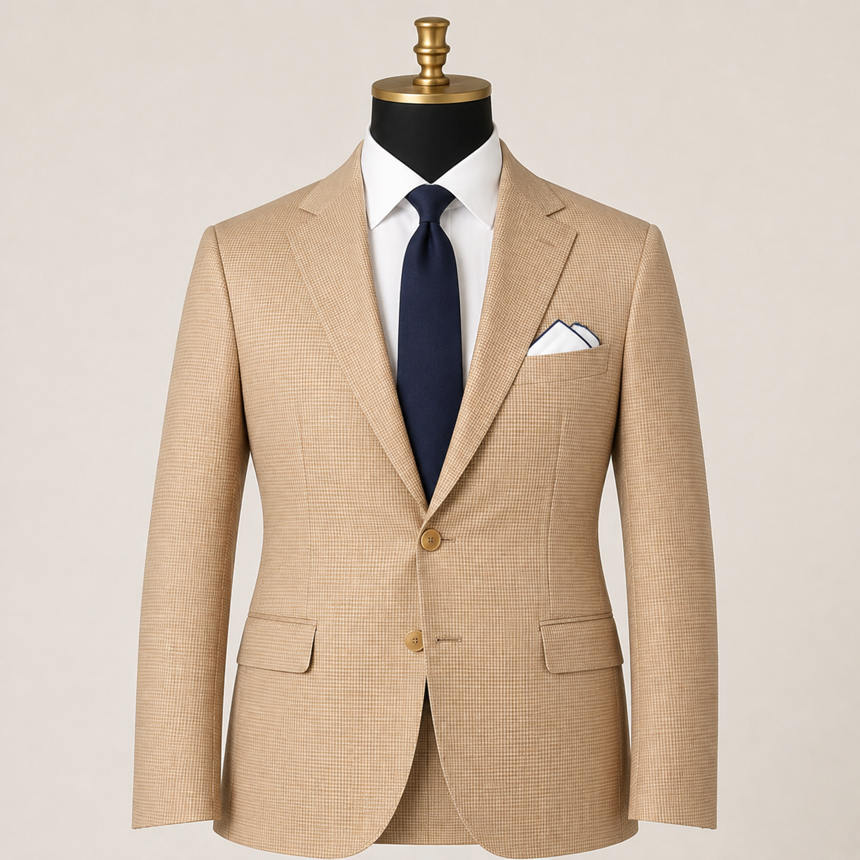 Men's tan houndstooth modern fit blazer on gold-top mannequin