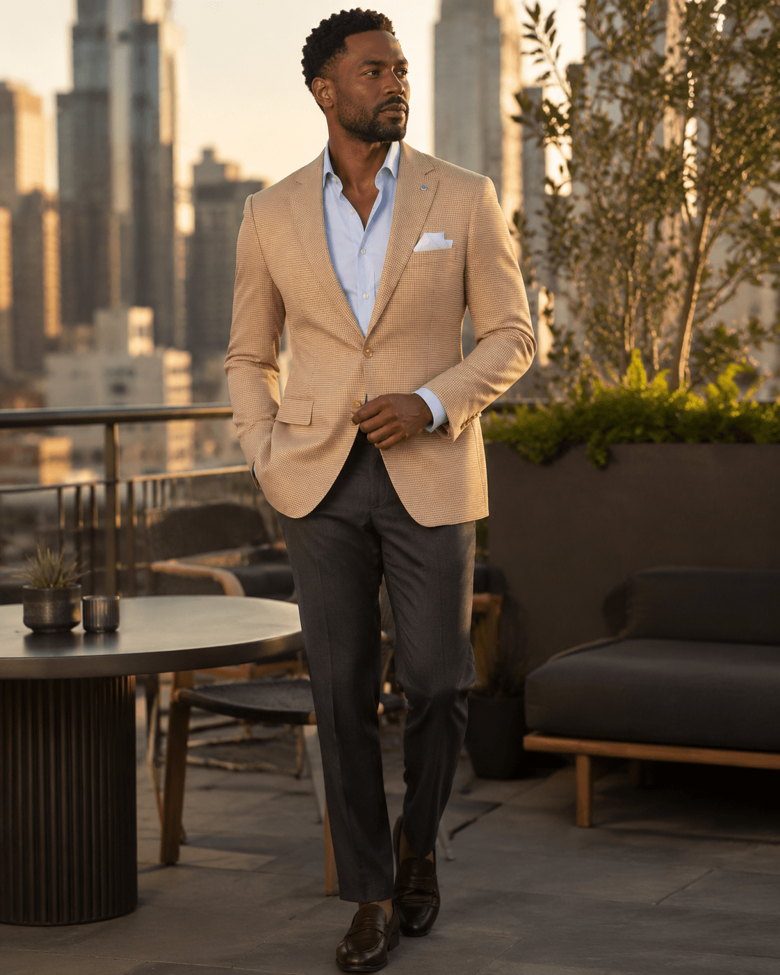 Men's Tan Houndstooth Modern Fit 2-Button Blazer - Upscale Men's Fashion
