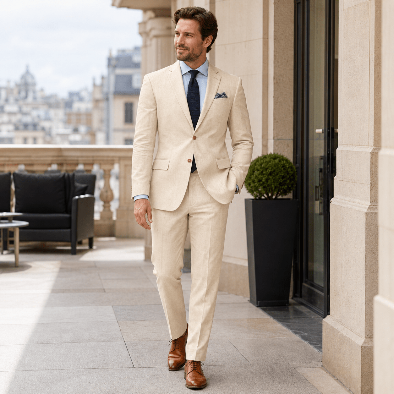 Men's Tan Linen Blend Modern Fit 2-Piece Suit - Upscale Men's Fashion