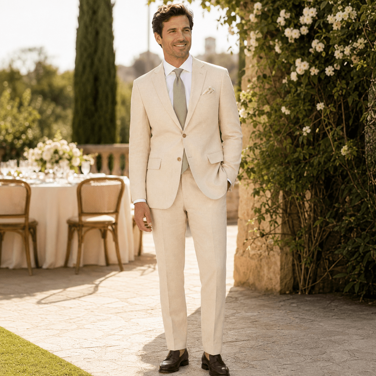 Men's Tan Linen Blend Modern Fit 2-Piece Suit - Upscale Men's Fashion