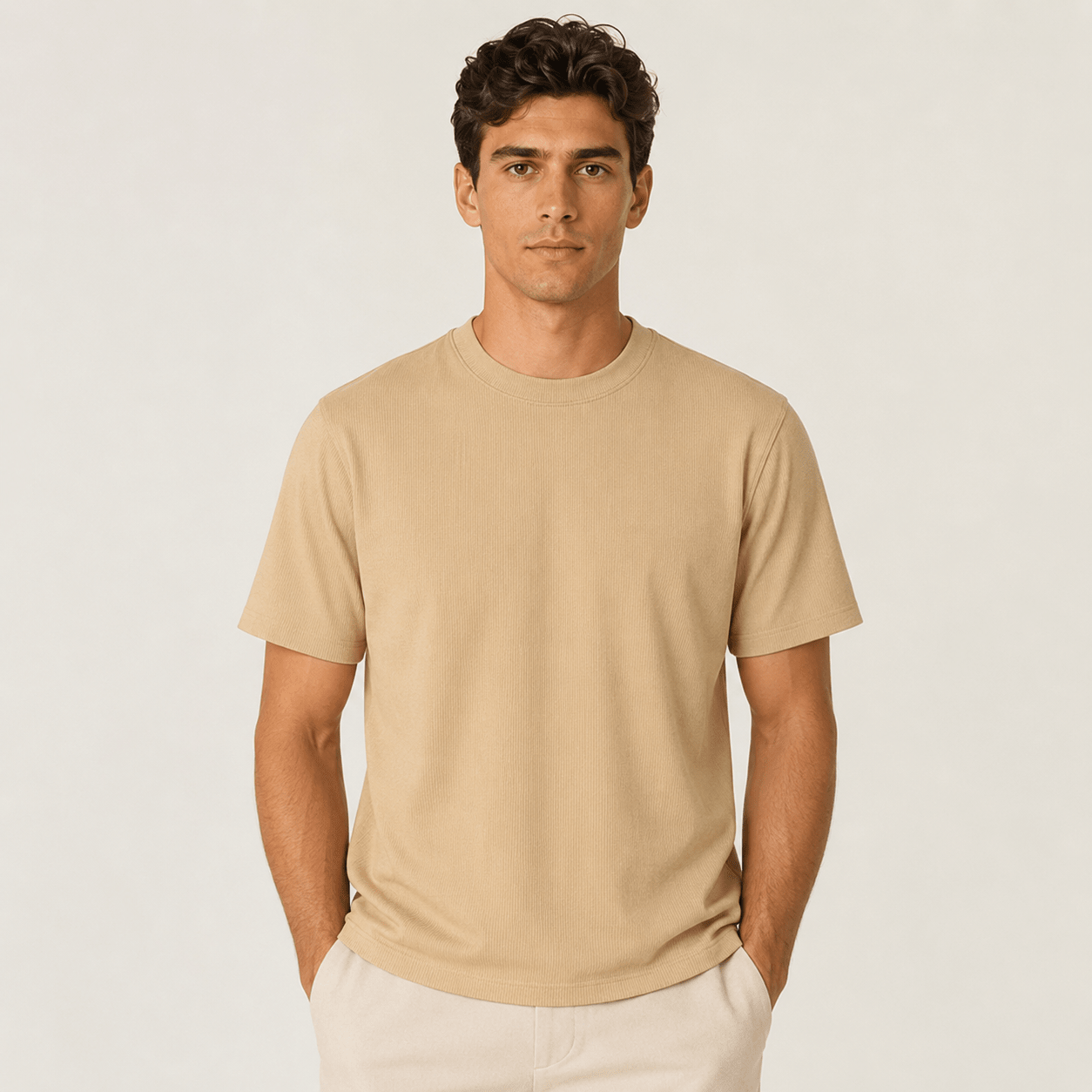 Tan Ribbed Regular Fit Crew Neck T-Shirt - Upscale Men's Fashion