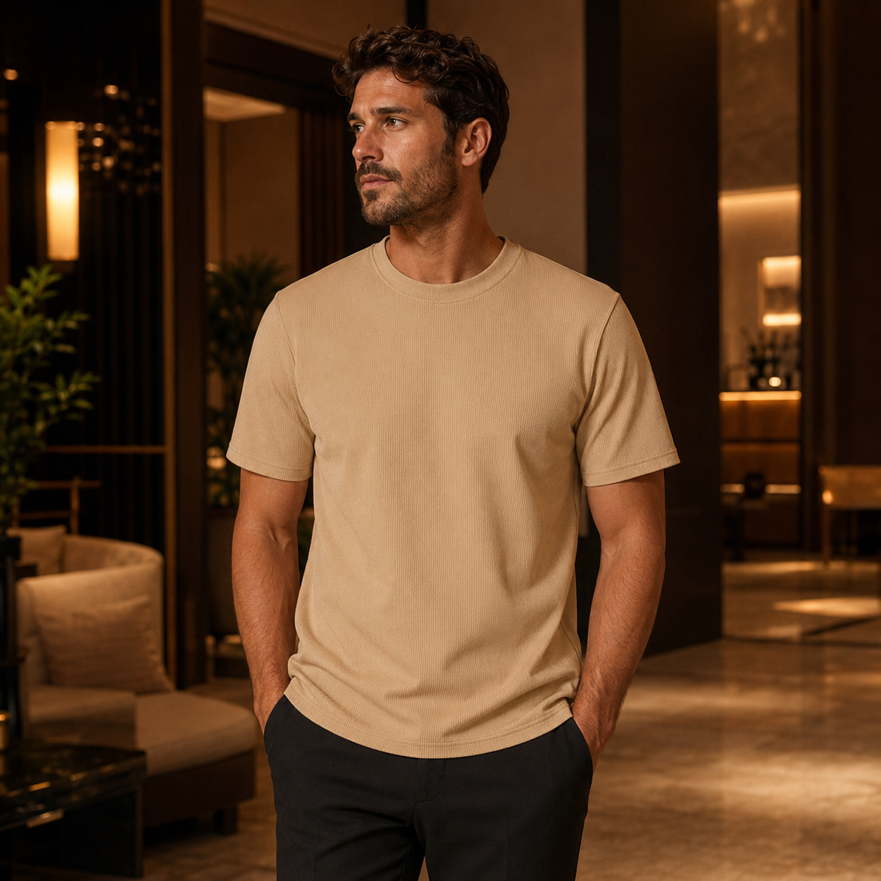 Men's tan ribbed regular fit crew neck T-shirt indoor lifestyle