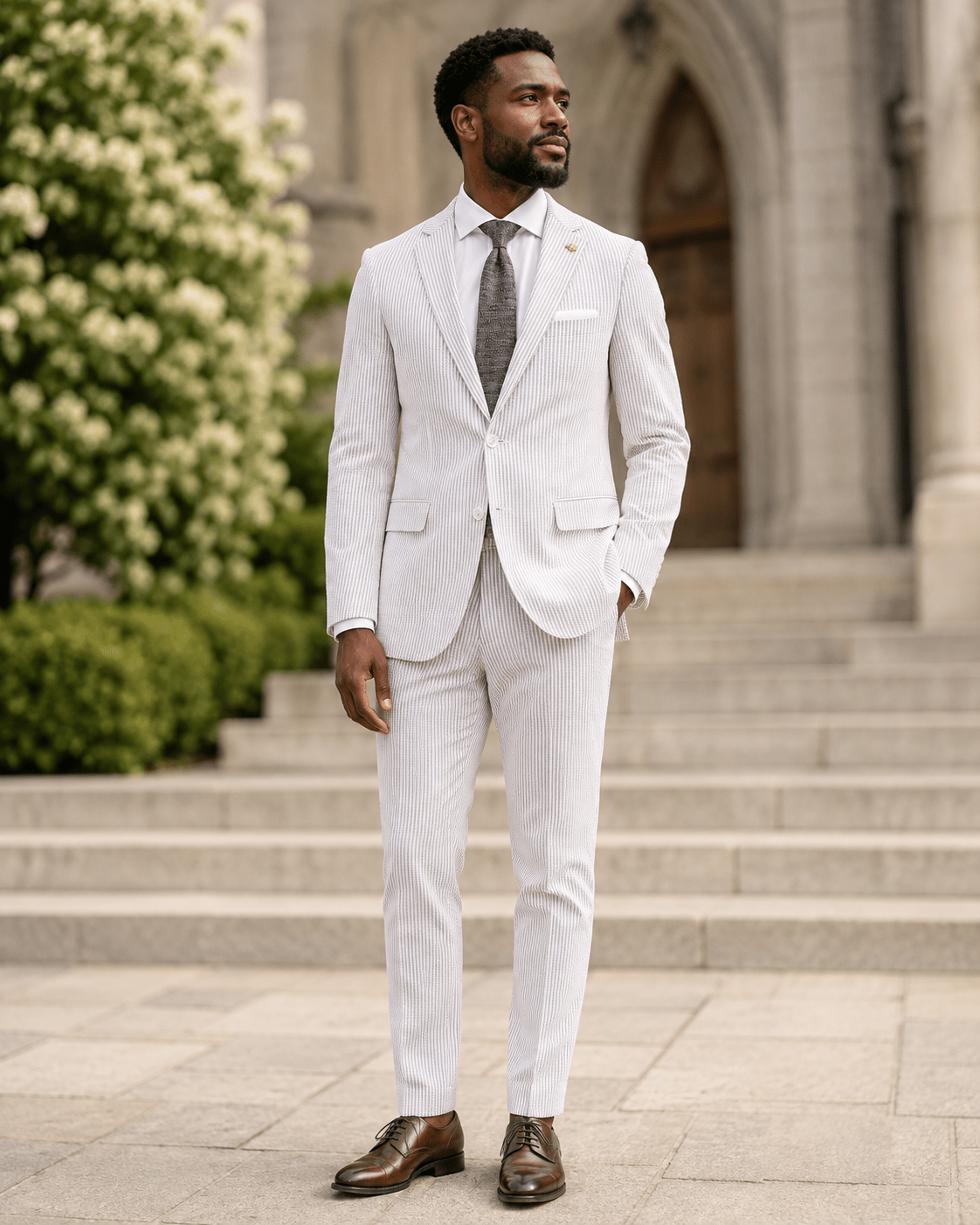 MEN'S 2PC SUMMER SEERSUCKER SLIM FIT SUIT IN TAN PINSTRIPE - Upscale Men's Fashion
