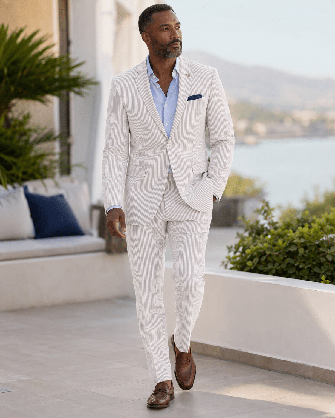 MEN'S 2PC SUMMER SEERSUCKER SLIM FIT SUIT IN TAN PINSTRIPE - Upscale Men's Fashion