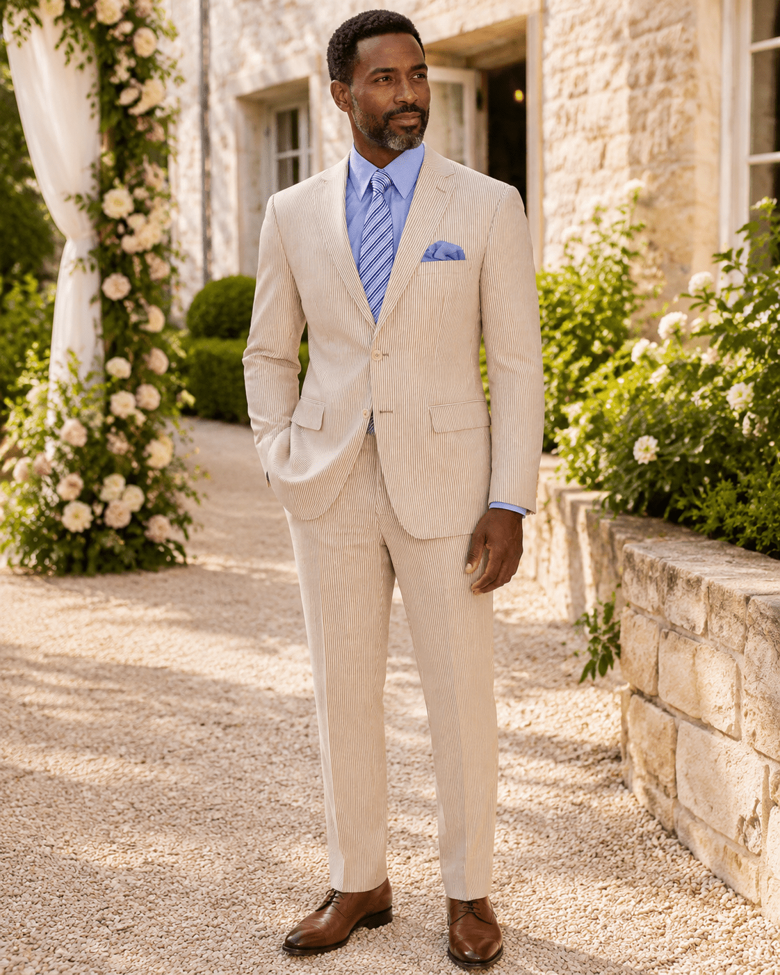 MEN'S 2PC SEERSUCKER MODERN FIT SUIT IN TAN PINSTRIPE - Upscale Men's Fashion