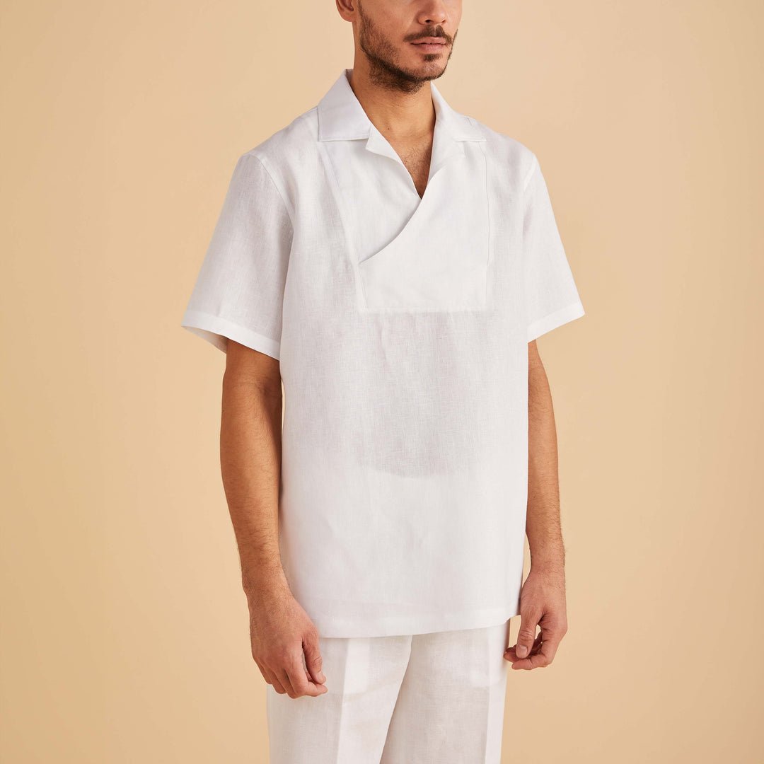 Men's White Short Sleeve Linen Pull-Over Shirt - Upscale Men's Fashion