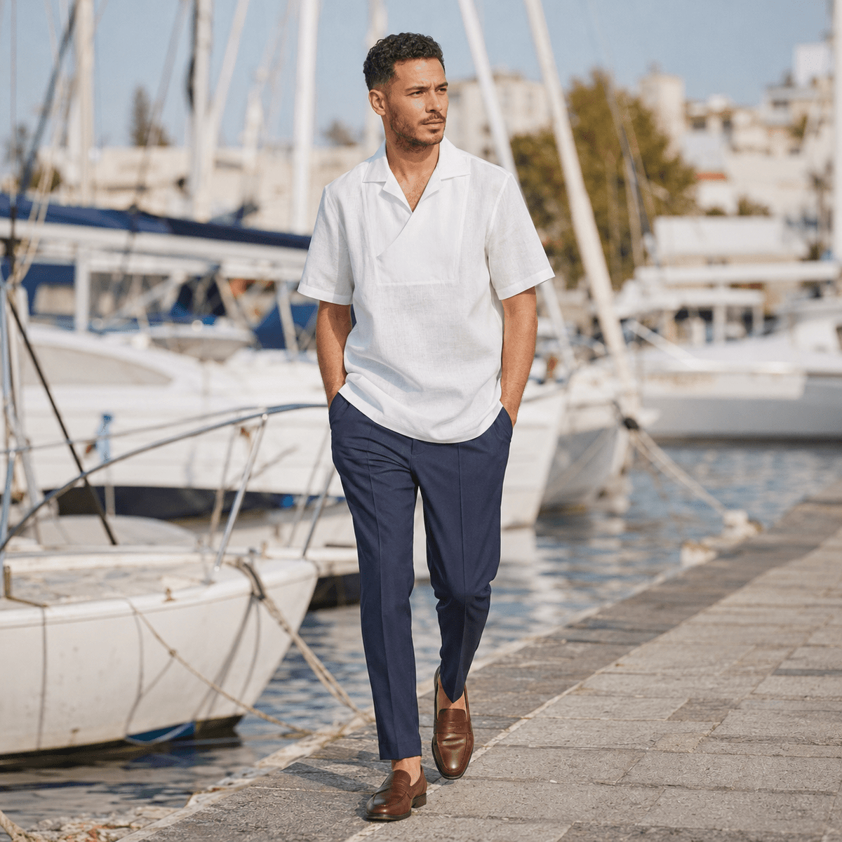Men's White Short Sleeve Linen Pull-Over Shirt - Upscale Men's Fashion