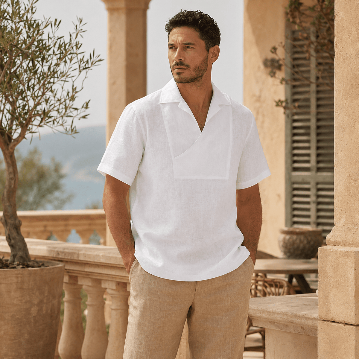 Men's White Short Sleeve Linen Pull-Over Shirt - Upscale Men's Fashion